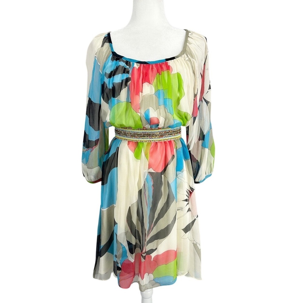 Tibi 100% Silk 60s Abstract Mod Chiffon‎ Mini Dress w Beaded Belt Size Small